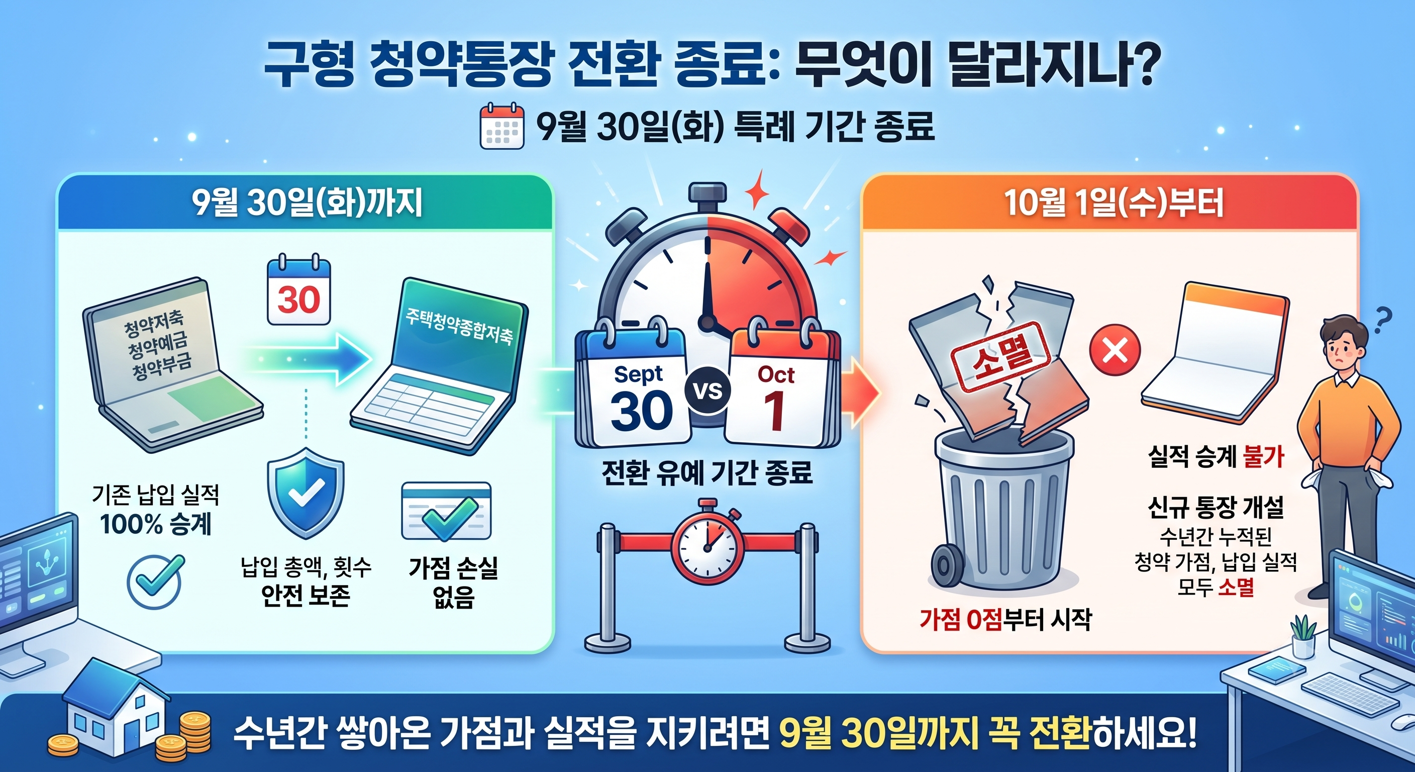 구형 청약통장(청약저축, 예금, 부금)의 주택청약종합저축 전환 특례 기간이 9월 30일에 종료됩니다. 기한 내 전환 시 기존 실적이 100% 승계되지만, 10월 1일부터는 실적 승계가 불가하며 누적된 청약 가점과 납입 실적이 모두 소멸되므로 주의해야 합니다.