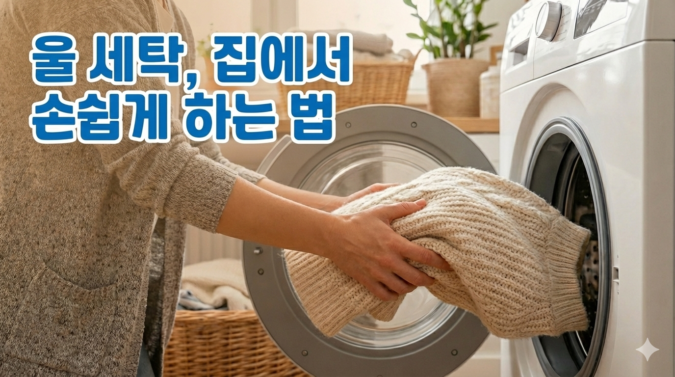 손으로 울니트를 세탁기에 넣는 장면