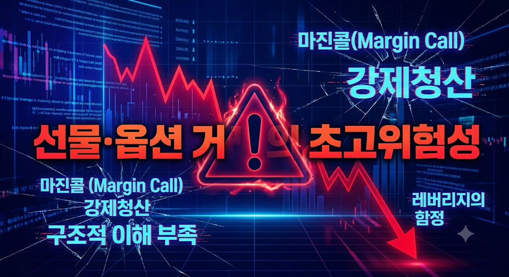 어둡고 차가운 네온 블루와 딥 퍼플 톤의 디지털 금융 시장 배경 위로, 선물과 옵션 거래의 초고위험성을 상징하는 강렬한 붉은색의 하향 꺾은선 그래프와 위험 경고 아이콘이 중심에 배치된 모습. 그래프 주변에는 깨진 유리 파편 효과와 함께 마진콜(Margin Call) 및 강제청산을 시각화하는 디지털 경고 문구들이 흐릿하게 레이어링되어 있어, 구조적 이해 없이 레버리지만 믿고 진입하는 파생상품 투자의 치명적인 리스크를 직관적이고 경고성 있게 전달하는 일러스트 이미지