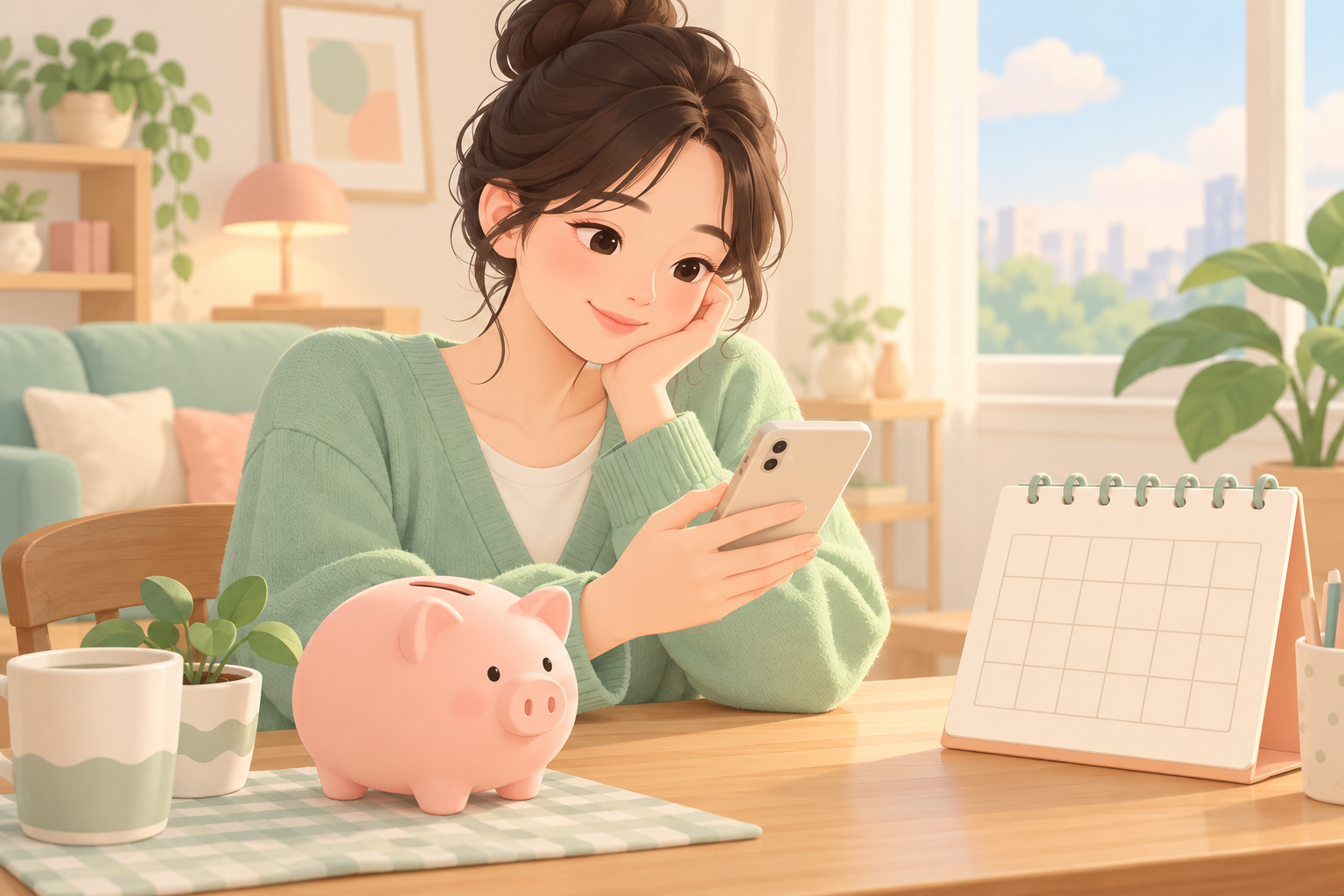 휴대폰 약정과 통신비를 확인하는 여성과 돼지저금통