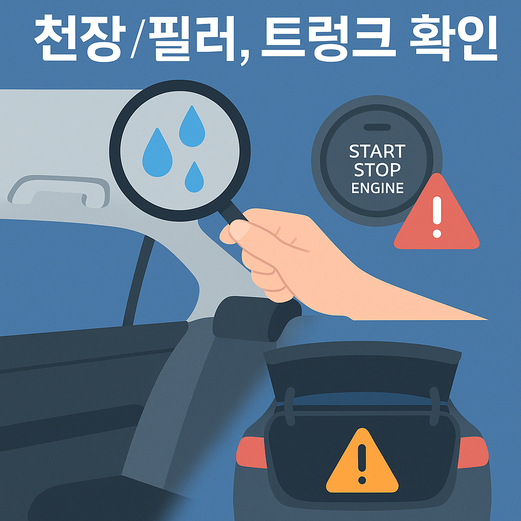 alt="중고차 천장 필러 트렁크 점검 이미지, 물자국 확대, 경고 아이콘, 트렁크 오픈 확인"