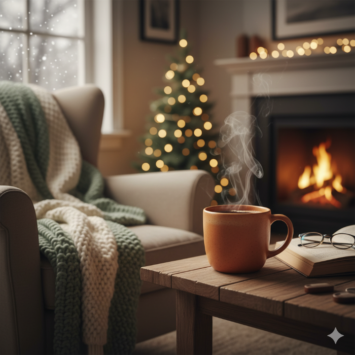 따뜻한 담요와 커피 잔, 겨울 분위기의 실내 사진