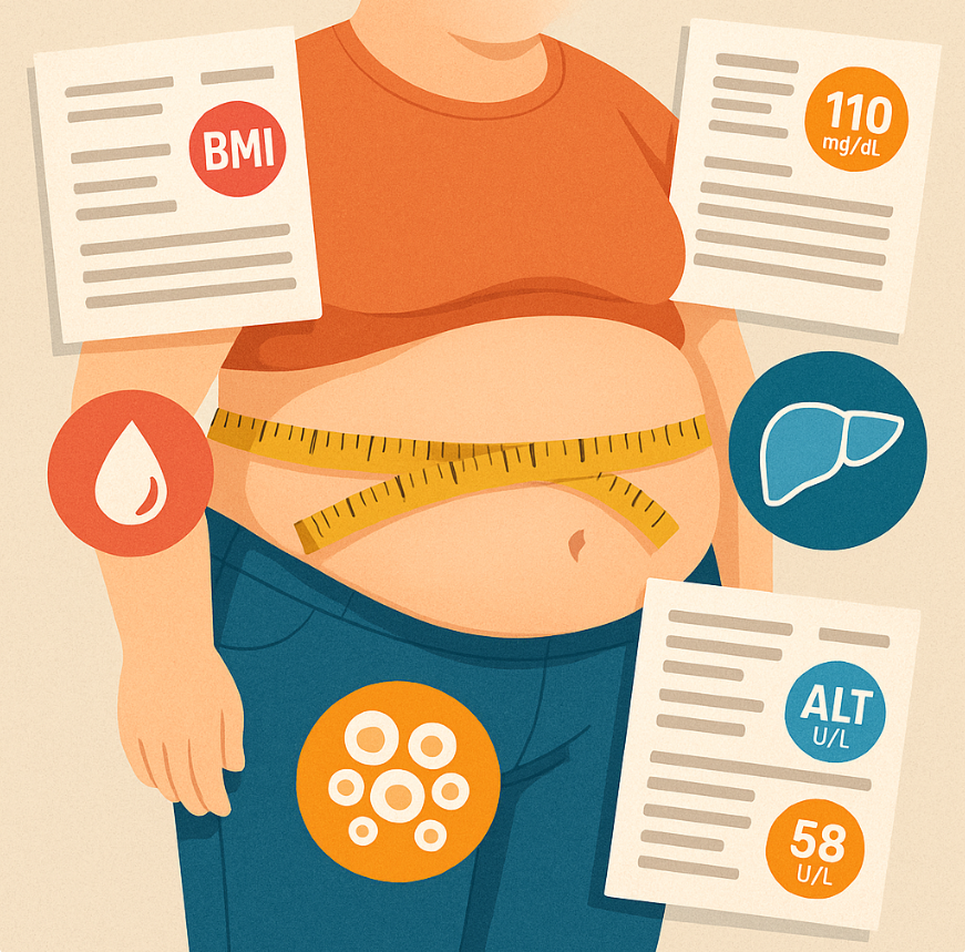 건강검진 수치들과 복부비만이 심한 여성 이미지