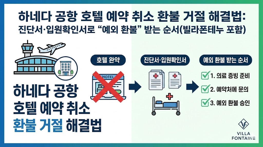 하네다 공항 호텔 예약 취소 환불 거절 해결법: 진단서&middot;입원확인서로 &ldquo;예외 환불&rdquo; 받는 순서(빌라폰테누 포함)