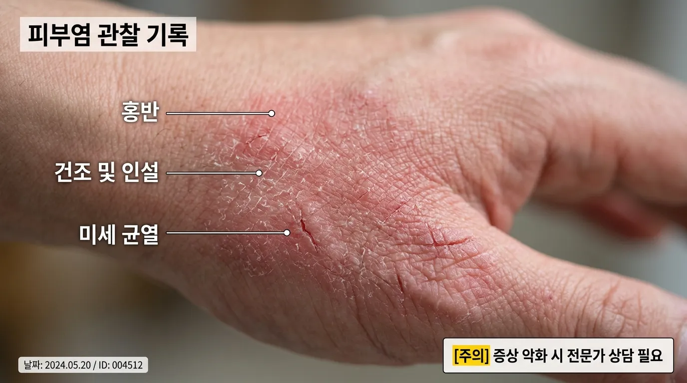 붉고 갈라진 피부염 부위를 가까이 보는 장면