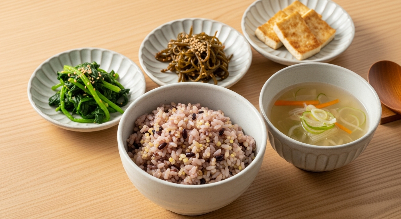 혈당 관리에 좋은 잡곡밥과 시금치, 미역무침, 구운 두부 등 건강한 반찬들로 구성된 정갈한 한국식 한 끼 식사.