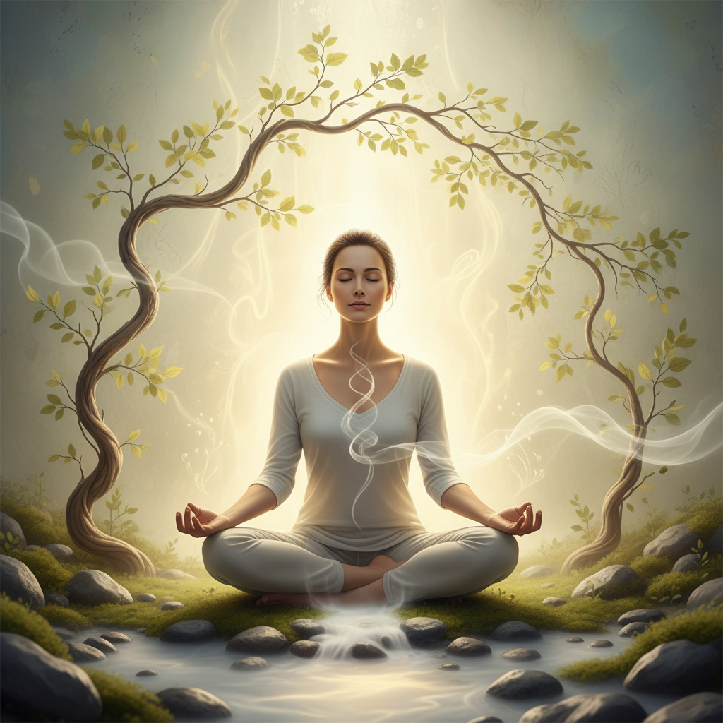 명상하며 심호흡하는 차분한 사람의 모습