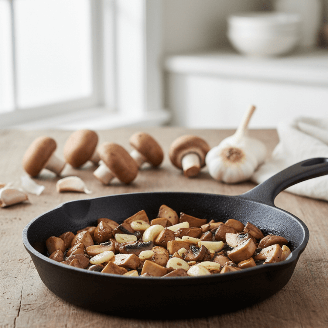 음식궁합(은은한 풍미 + 깊은 향미)ㅣ버섯과 마늘의 음식 궁합 &mdash; 은은한 풍미 위에 깊은 향이 쌓이는 &lsquo;따뜻한 집중의 식사&rsquo;