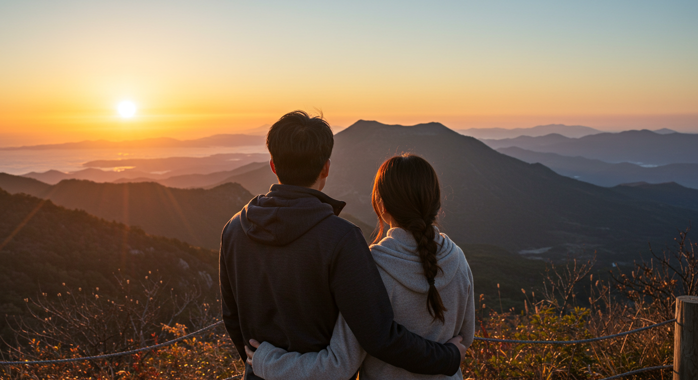 성산일출봉에서 일출을 감상하는 한국인 커플의 뒷모습