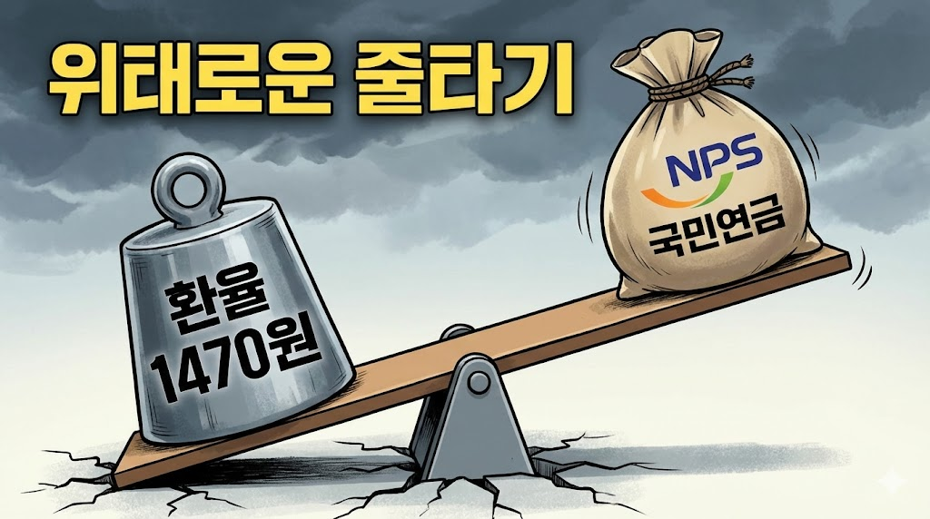 고환율을 막기 위해 고군분투하는 국민연금의 모습을 시소에 비유한 그래픽