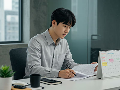 중소기업 사무실에서 근무 중인 젊은 한국인 남성, 노트북과 스케줄 표를 보며 서류 작성 중인 모습