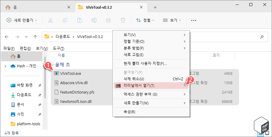 ViVeTool 추출 폴더에서 [터미널에서 열기] 옵션 선택