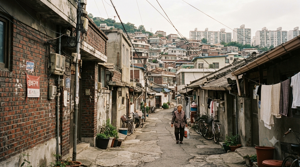 재개발 예정 지역의 노후 주택가 골목 전경