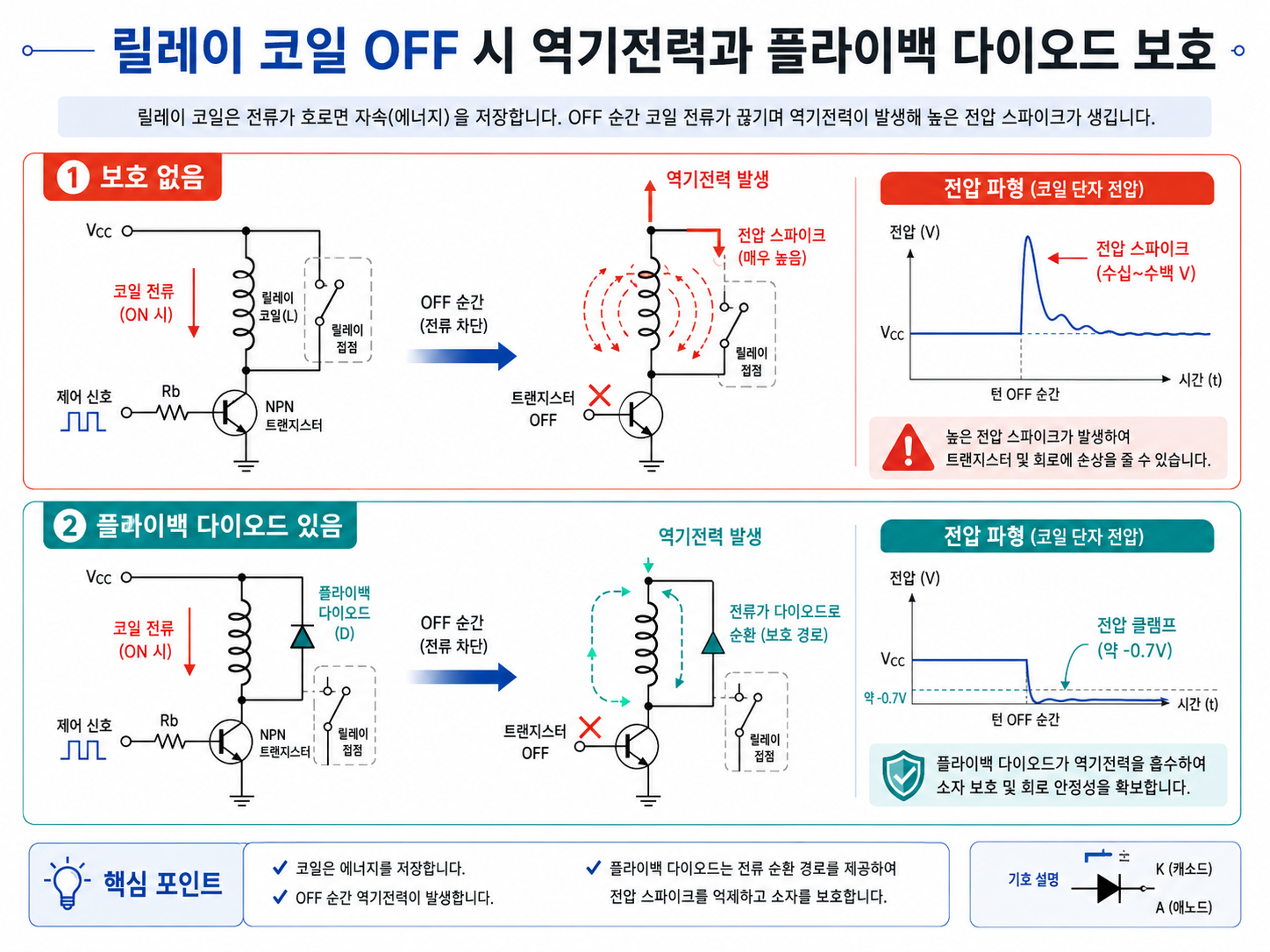 릴레이 코일 OFF 시 역기전력과 플라이백 다이오드 보호
