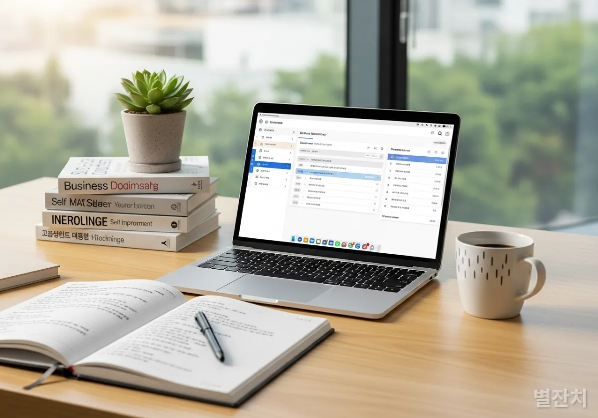 끊임없는 학습과 기록의 루틴을 상징하는, 다이어리, 노트북, 커피, 책이 놓인 2026년 한국 직장인의 깔끔한 책상 모습