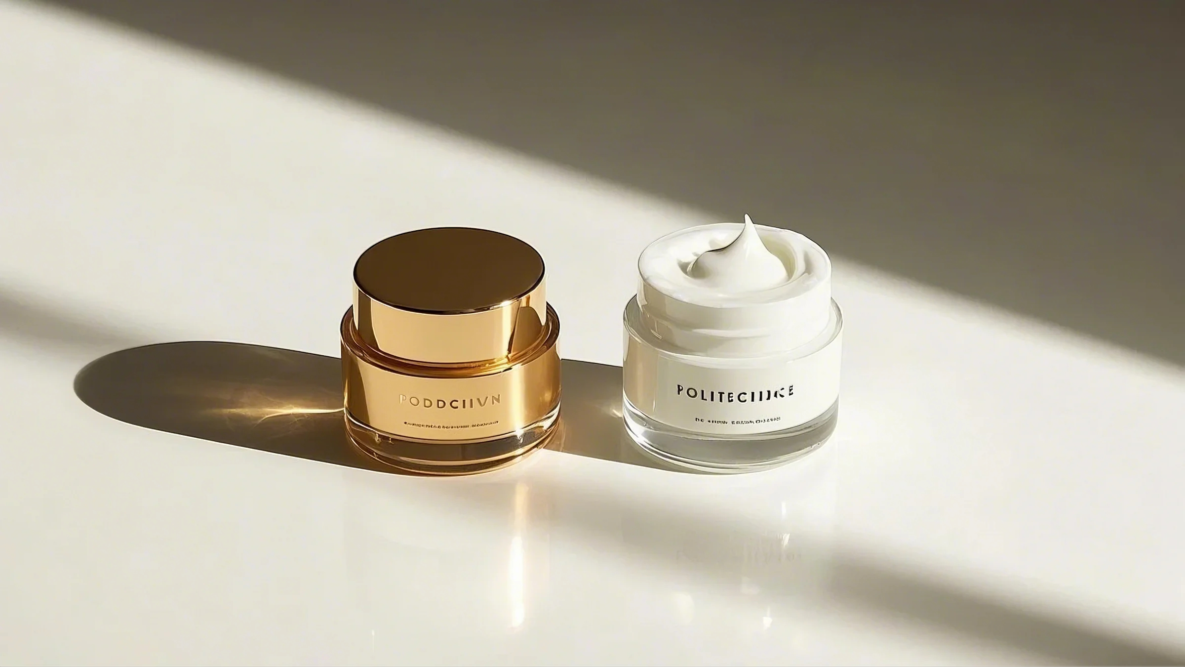 골드 패키지의 고가 크림과 심플한 저가 크림이 나란히 놓여 있는 비교 이미지.