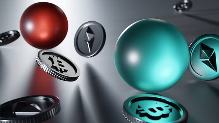 빨간색 구슬과 연파란색 구슬 그리고 코인 동전들이 어디론가 날아가고 있는 이미지