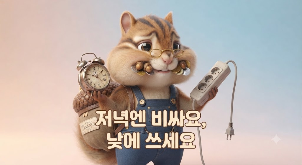 다랑이가 시계와 전기 콘센트를 번갈아 보며 고민하는 장면
