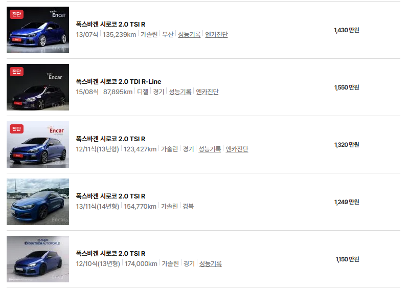 폭스바겐 시로코 중고차 가격 시세표 연비