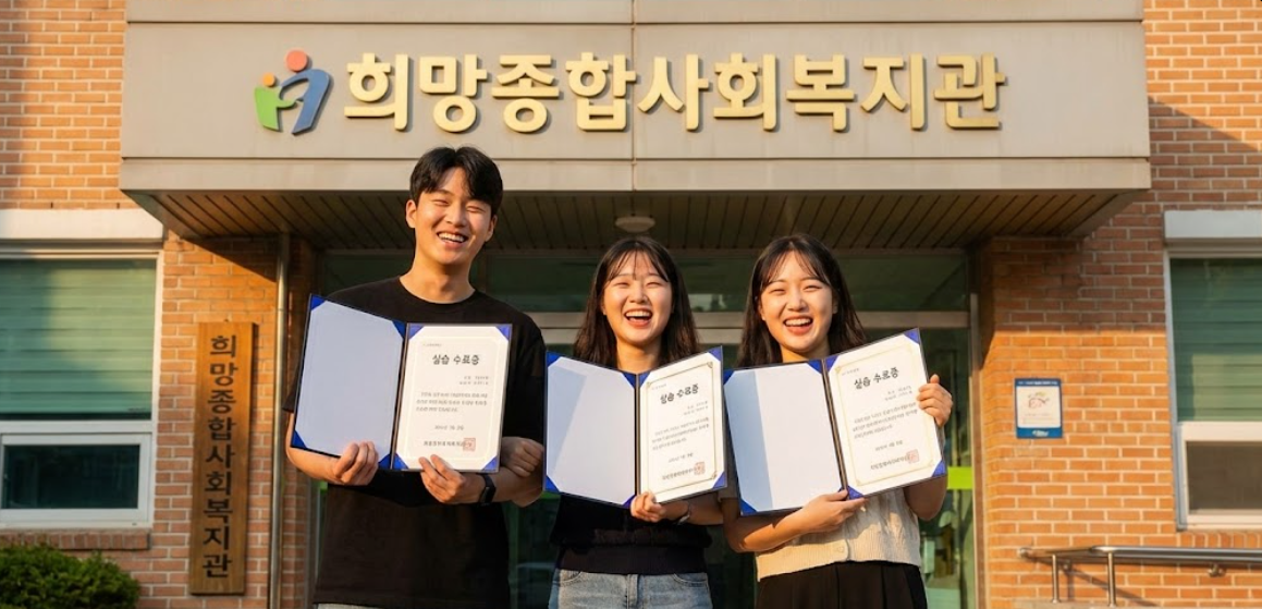 실습을 무사히 마치고 환하게 웃으며 수료증을 든 실습생들