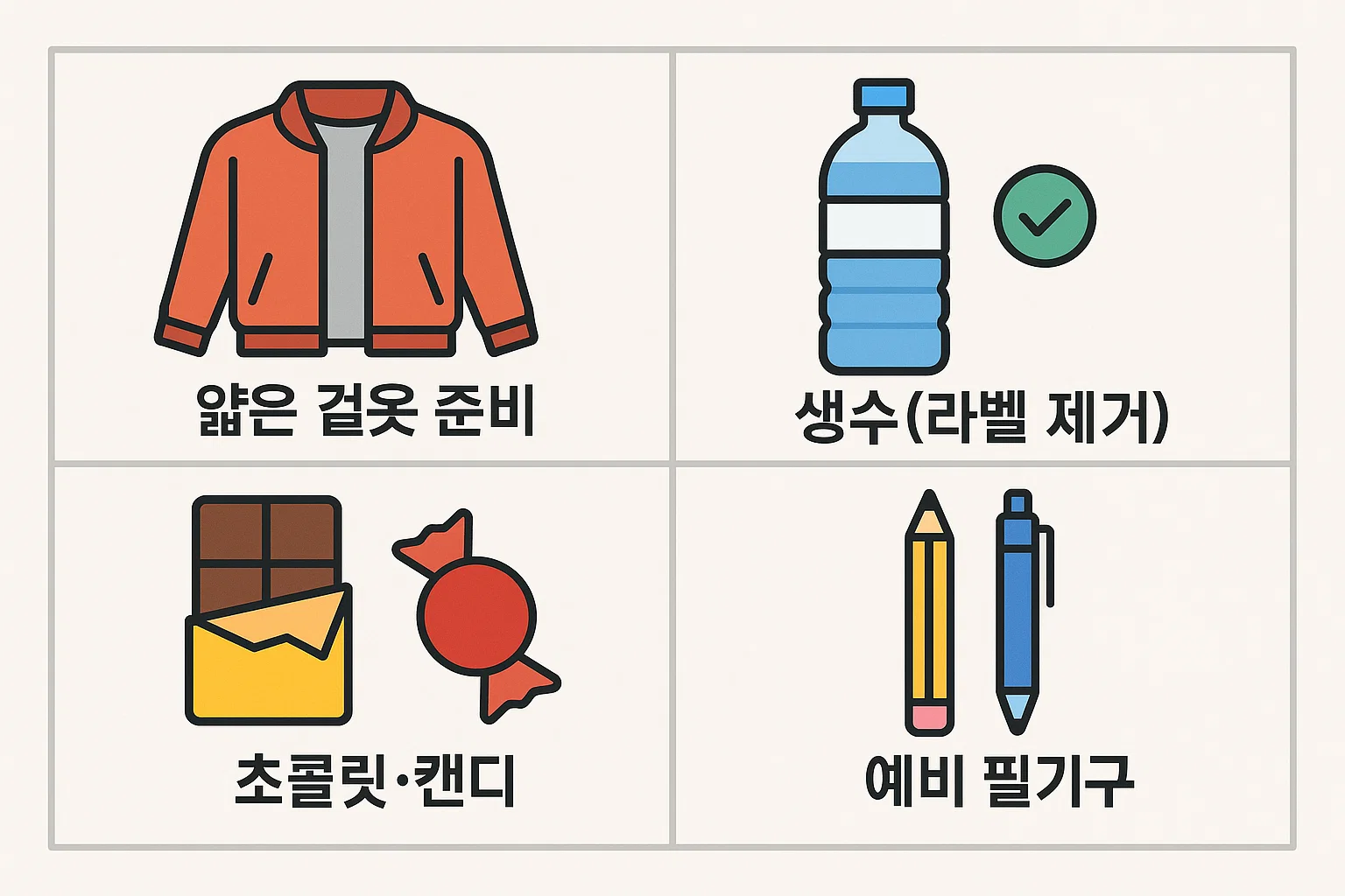 얇은 겉옷, 생수, 초콜릿&middot;캔디, 예비 필기구 등 시험 당일 컨디션 유지를 위한 선택 준비물을 정리한 인포그래픽