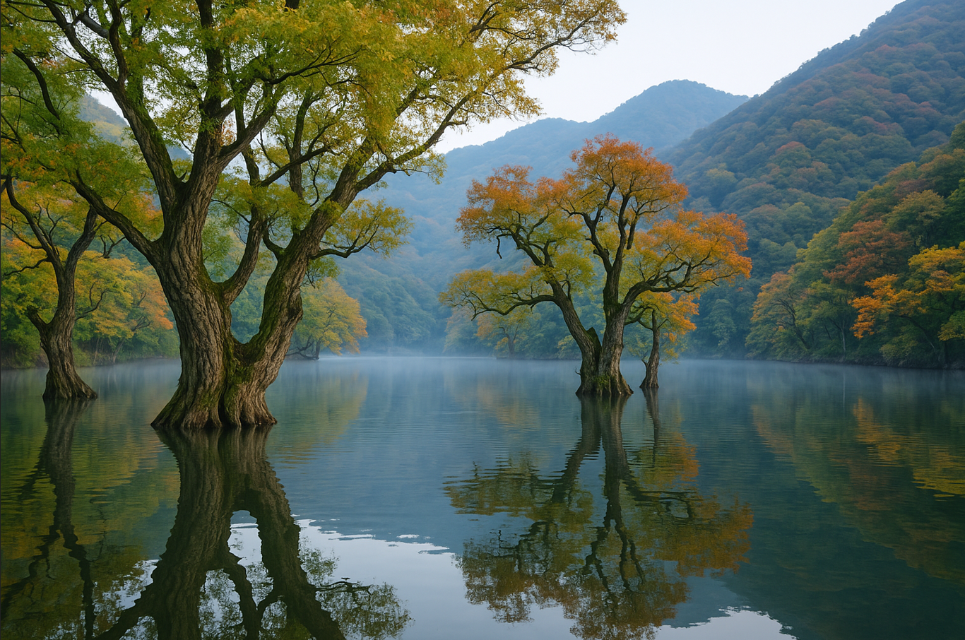 강에 비추는 나무들 사진