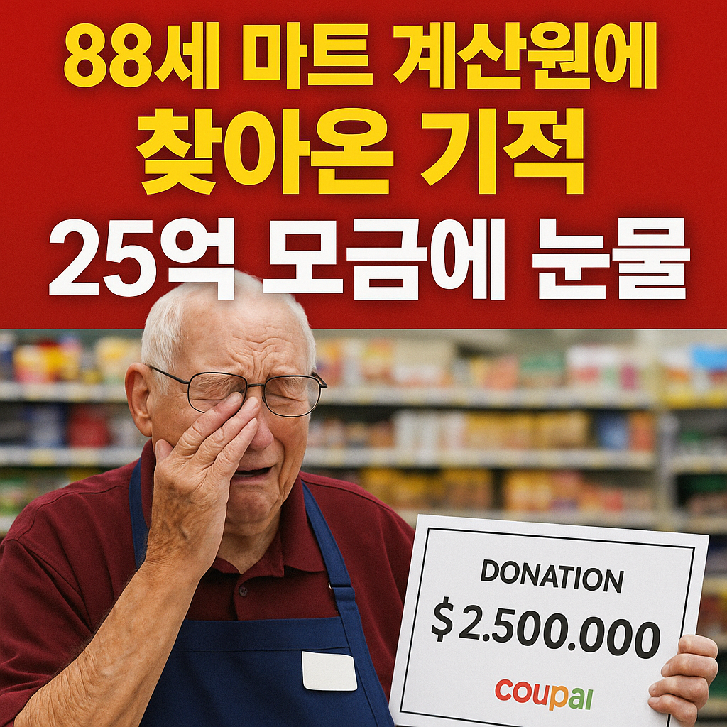 “88세 마트 계산원이 25억 기부금을 전달받고 눈물을 흘리는 감동의 순간을 담은 뉴스형 썸네일 이미지”