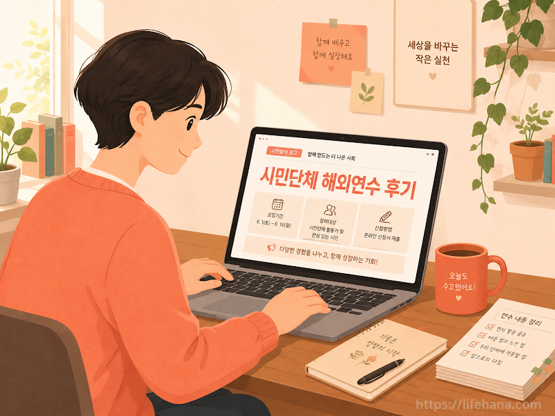 공익 활동가 청년이 사무실에서 시민통통 포털 공고를 모니터링하며 해외정책연수 참가 서류를 정비하는 모습 일러스트