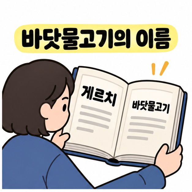 바닷물고기의 이름 문구 아래 여성이 게르치와 바닷물고기가 적힌 사전을 읽는 모습