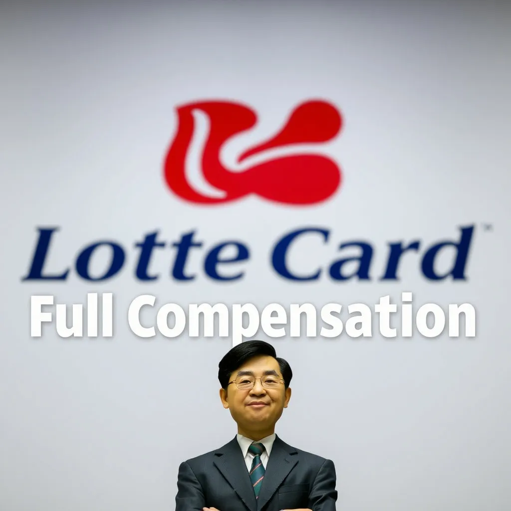 롯데카드 로고를 배경으로 "피해액 전액 보상"이라는 문구가 크게 쓰여 있고, 그 아래에 사과하는 모습의 관계자가 작게 보이는 이미지를 구성할 수 있습니다. 이는 기업의 책임감과 해결 의지를 나타냅니다.