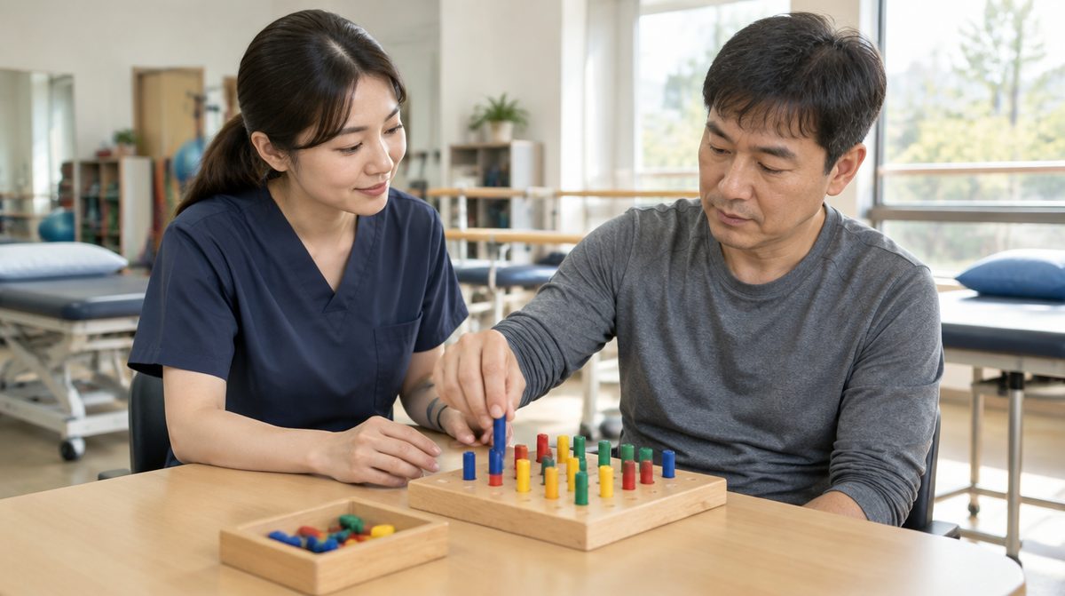 외래 재활치료로 손 기능 훈련을 받는 편마비 환자