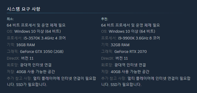 팔월드(팰월드) 권장사양