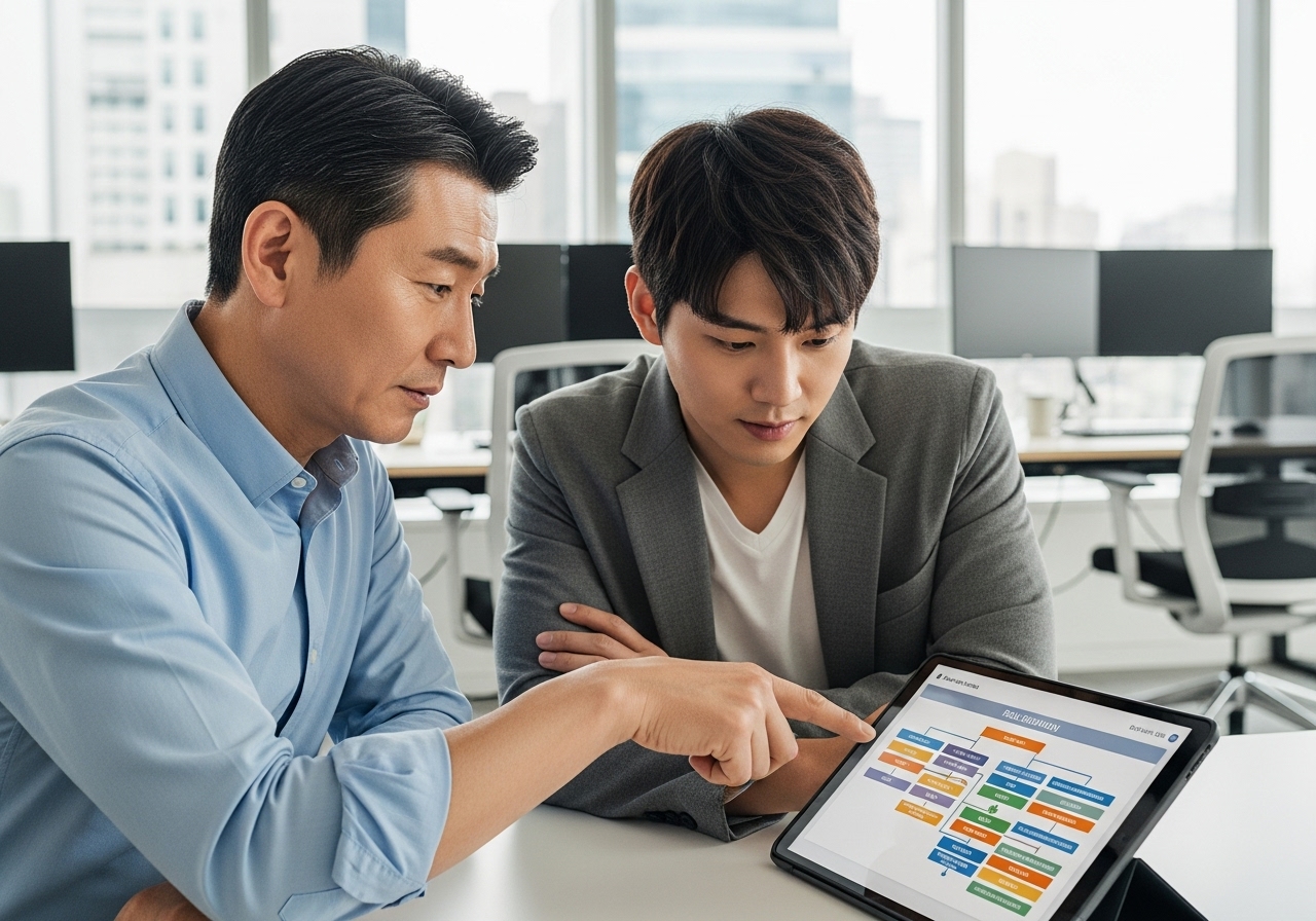 50대 한국 남자와 동료가 태블릿으로 부서 역할 검토하는 장면