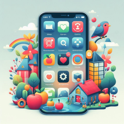 스마트폰이 자연과 마을 아이콘들로 꾸며진 따뜻한 풍경 속에 있는 모습