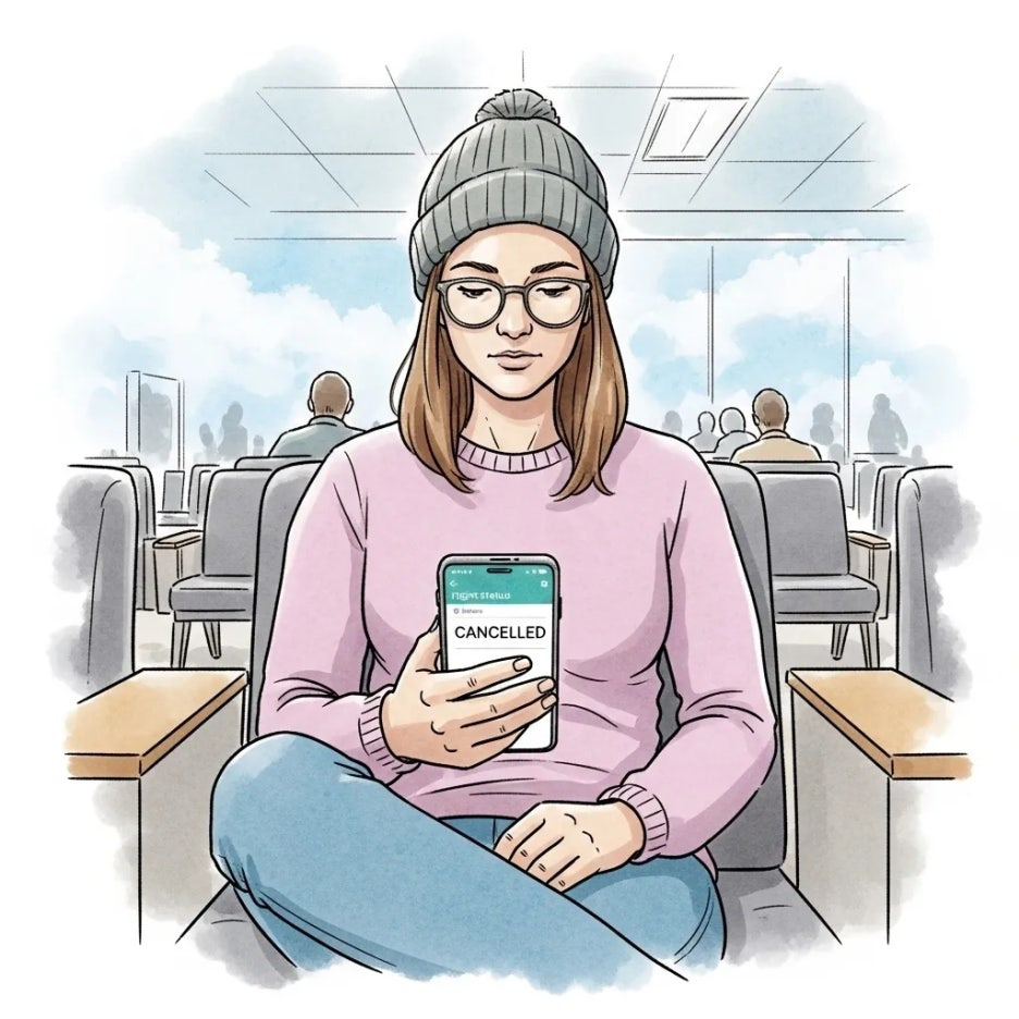 스마트폰으로 비행기 결항을 확인하는 모습