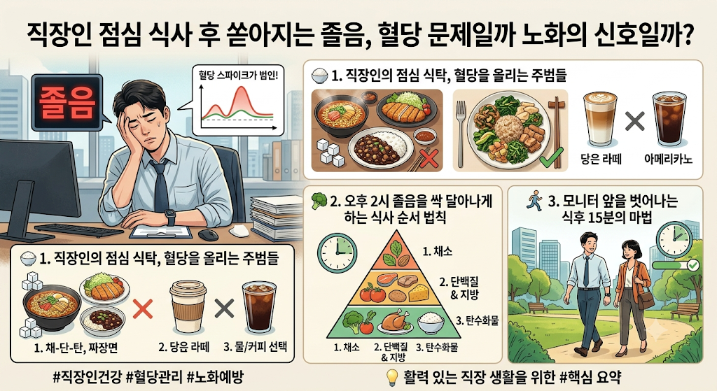 직장인 점심 식사 후 쏟아지는 졸음, 혈당 문제일까 노화의 신호일까?