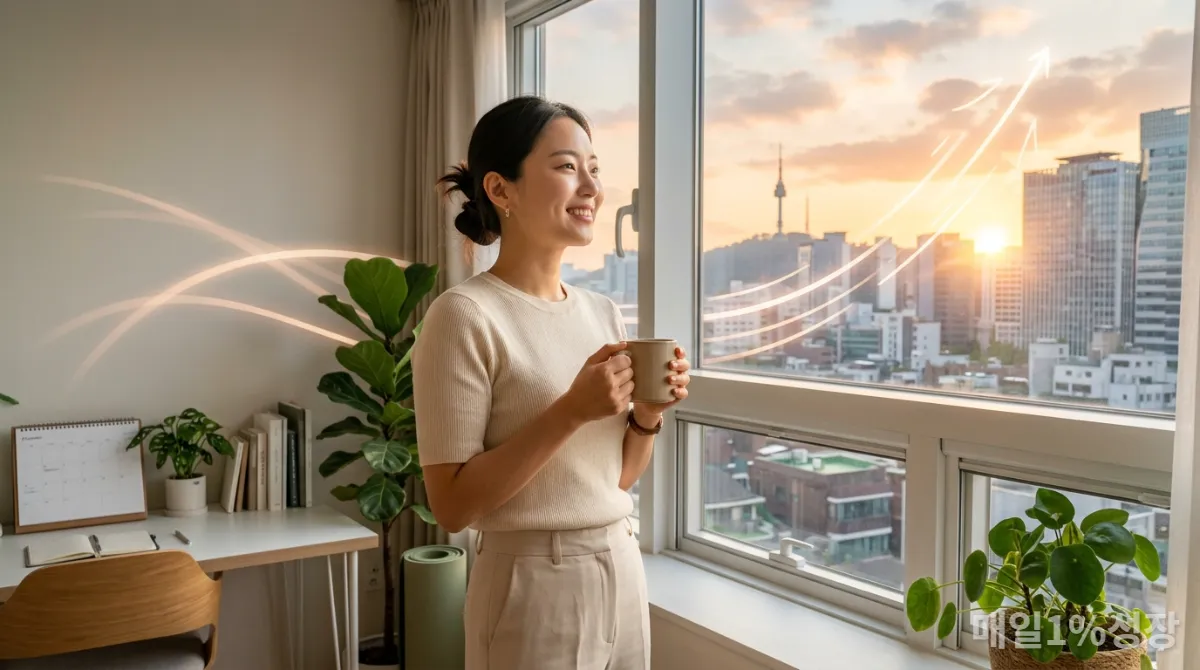 아침 루틴으로 인해 삶의 질이 향상되고 자신감 넘치는 한국인의 모습