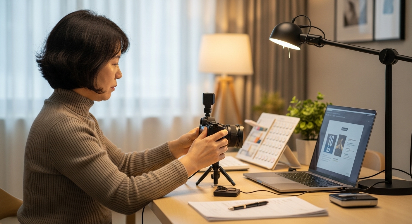 온라인 강의 영상 촬영을 준비하는 중년 여성