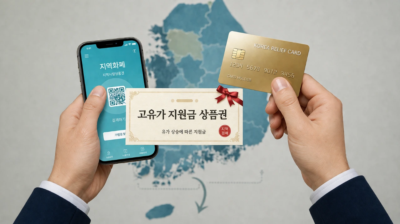 고유가 피해지원금을 신용카드, 모바일 지역사랑상품권, 지류 상품권 등 다양한 형태로 신청하고 수령하는 모습을 나타내는 이미지.