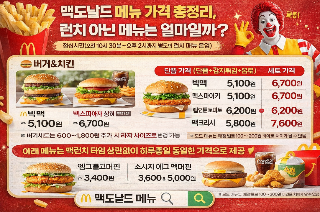 맥도날드 전메뉴 가격 3분 정리, 런치 아닌 메뉴는 얼마?
