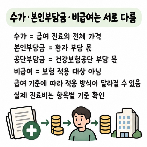 건강보험 수가와 본인부담금, 공단부담금, 비급여의 차이를 한눈에 비교해 보여주는 카드