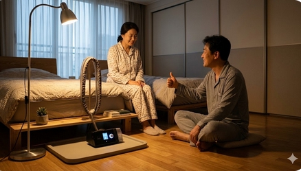 양압기 배치를 아래로 옮긴 후 소음 문제를 해결하고 아내와 마주 보며 만족해하는 남성의 모습.