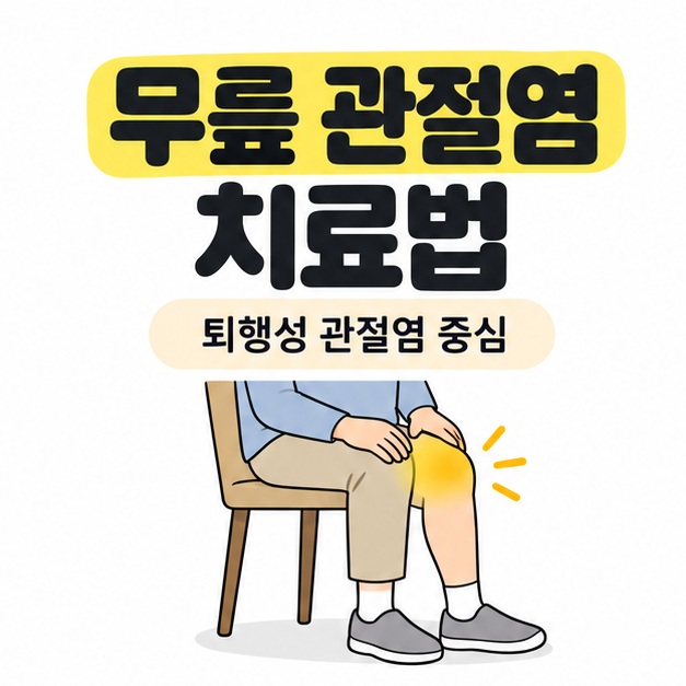 무릎 관절염 치료법과 퇴행성 관절염 중심이라는 문구 아래 의자에 앉은 사람의 무릎을 노란색으로 표시한 그림
