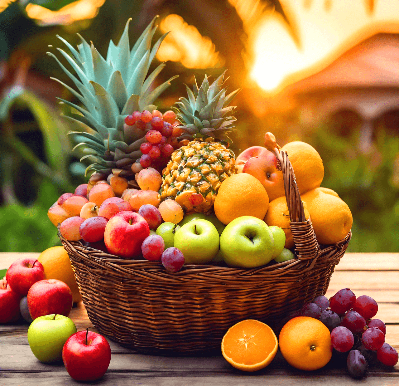 갈색 바구니에 과일이 한가득 담겨있다. 파인애플, 사과들, 배, 오렌지들, 포도가 가득하다.