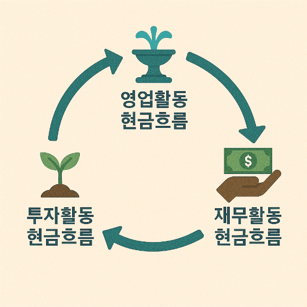 현금이 기업 안팎으로 순환하는 모습을 보여주는 원형 또는 순환형 다이어그램.