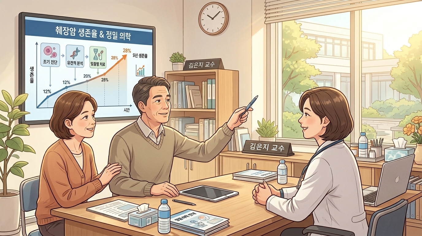 밝고 신뢰감 있는 대학병원 진료실에서 종양내과 의사 선생님이 컴퓨터 모니터 화면의 의료 통계 지표를 가리키며 췌장암 생존율 가이드 수칙과 조기 발견을 위한 복부 CT 검진의 중요성을 환자에게 친절하게 가이드해 주는 2D 일러스트 이미지.