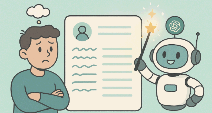 자기소개서를 고민하는 청년과 이를 돕는 마법봉을 든 ChatGPT 로봇의 모습. 청년은 걱정하는 표정, 로봇은 환하게 웃으며 자기소개서에 마법을 부리는 장면.