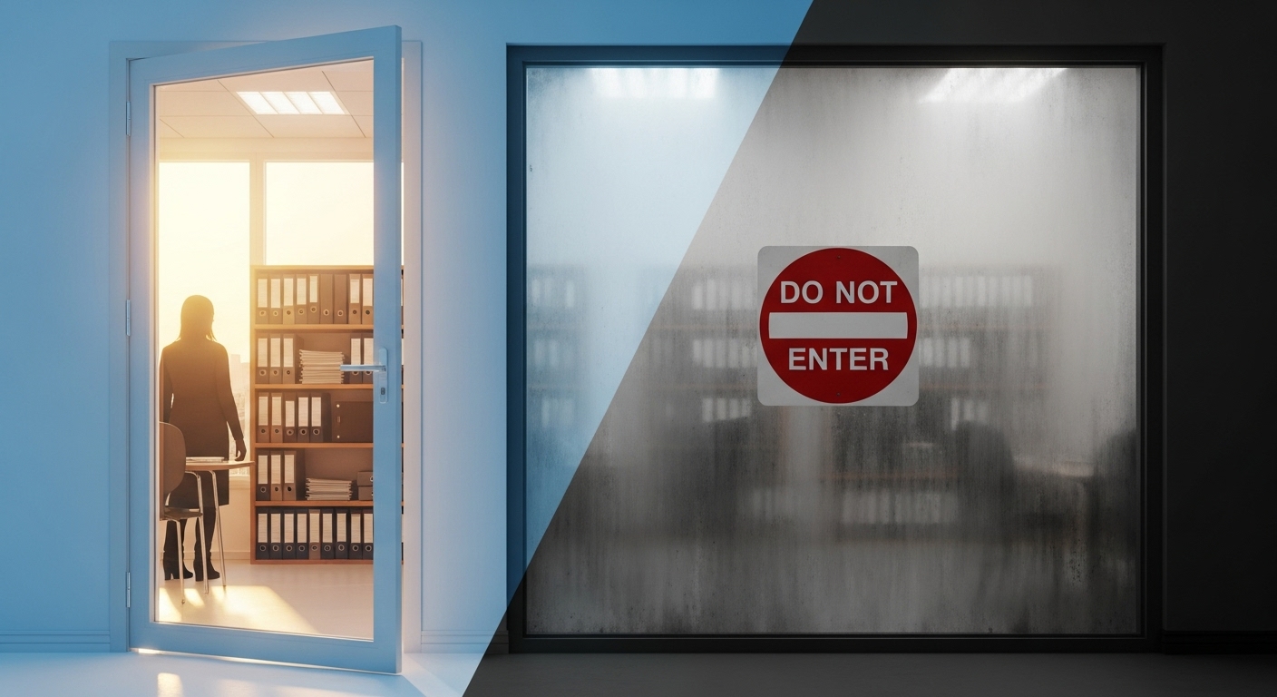 정보 투명성과 불투명성을 시각적으로 표현한 이미지. 명확한 정보 공개를 상징하는 투명한 문과 정보 은폐를 의미하는 불투명한 창문이 대비되는 모습.