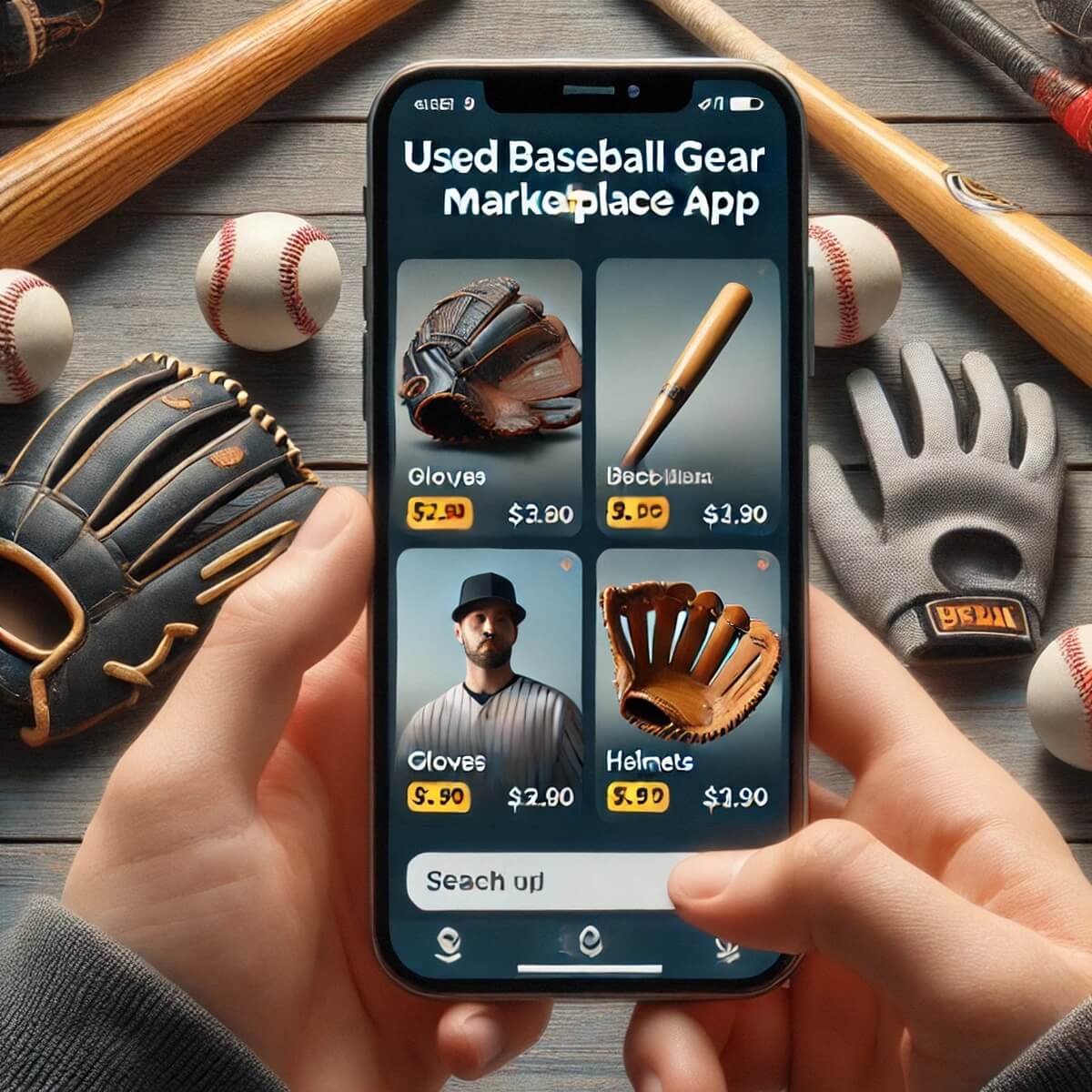 스마트폰에 표시된 중고 야구장비 거래 앱 화면