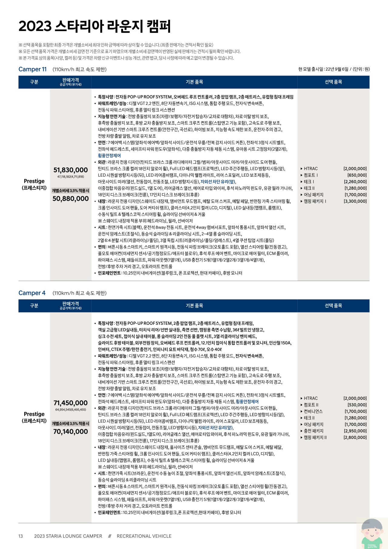 2022 스타리아 캠퍼 카탈로그와 가격표